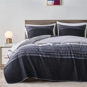 KAKIJUMN Full/Queen Quilt Bedding Set, Black White Grey Patchwork Striped Quilt Set, 2 Pieces Soft Lightweight Bedspread Coverlet Set with 1 Pillow Sham(Grey,Queen)