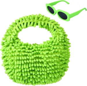 Kanayu 2 Pieces Neon Purse Fluffy Tote Bag and Sunglasses for Women Square Retro Sunglasses Fuzzy Purse