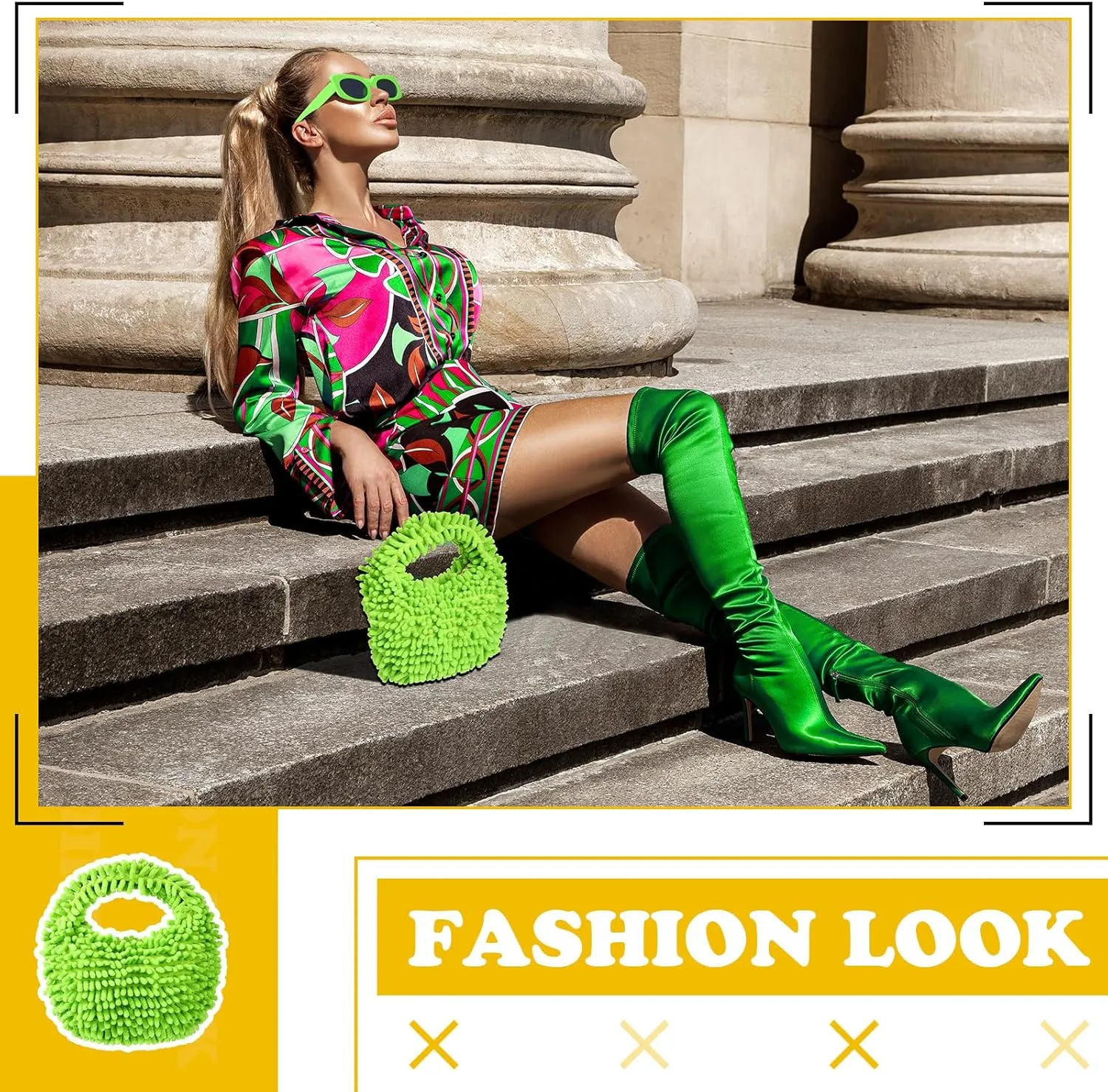 Kanayu 2 Pieces Neon Purse Fluffy Tote Bag and Sunglasses for Women Square Retro Sunglasses Fuzzy Purse