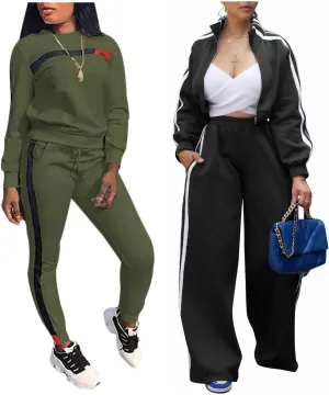 KANSOON Women Stripe Patchwork Two Piece Tracksuit Long Sleeve Sweatshirt Sweatpants Large