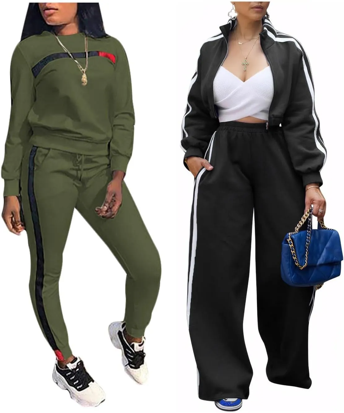 KANSOON Women Stripe Patchwork Two Piece Tracksuit Long Sleeve Sweatshirt Sweatpants Large