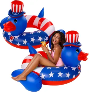 Karenhi 2 Pack 4th of July Giant Duck Swimming Ring American Flag Large Duck Inflatable Floating Pool Adult Inflatable Hammock Row Fun Pool Float for Independence, Memorial, Veterans Day Beach Party