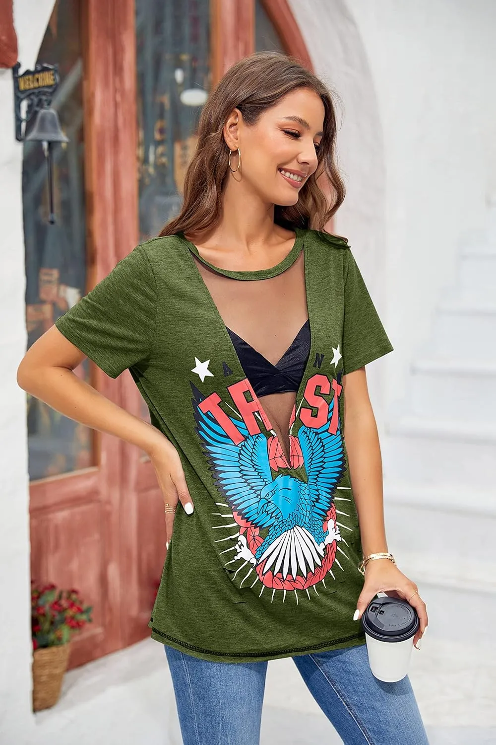 Karlywindow Womens Short Sleeve Graphic Tees Distressed Hawk Print Mesh V Neck Loose Sexy T-Shirt Tops
