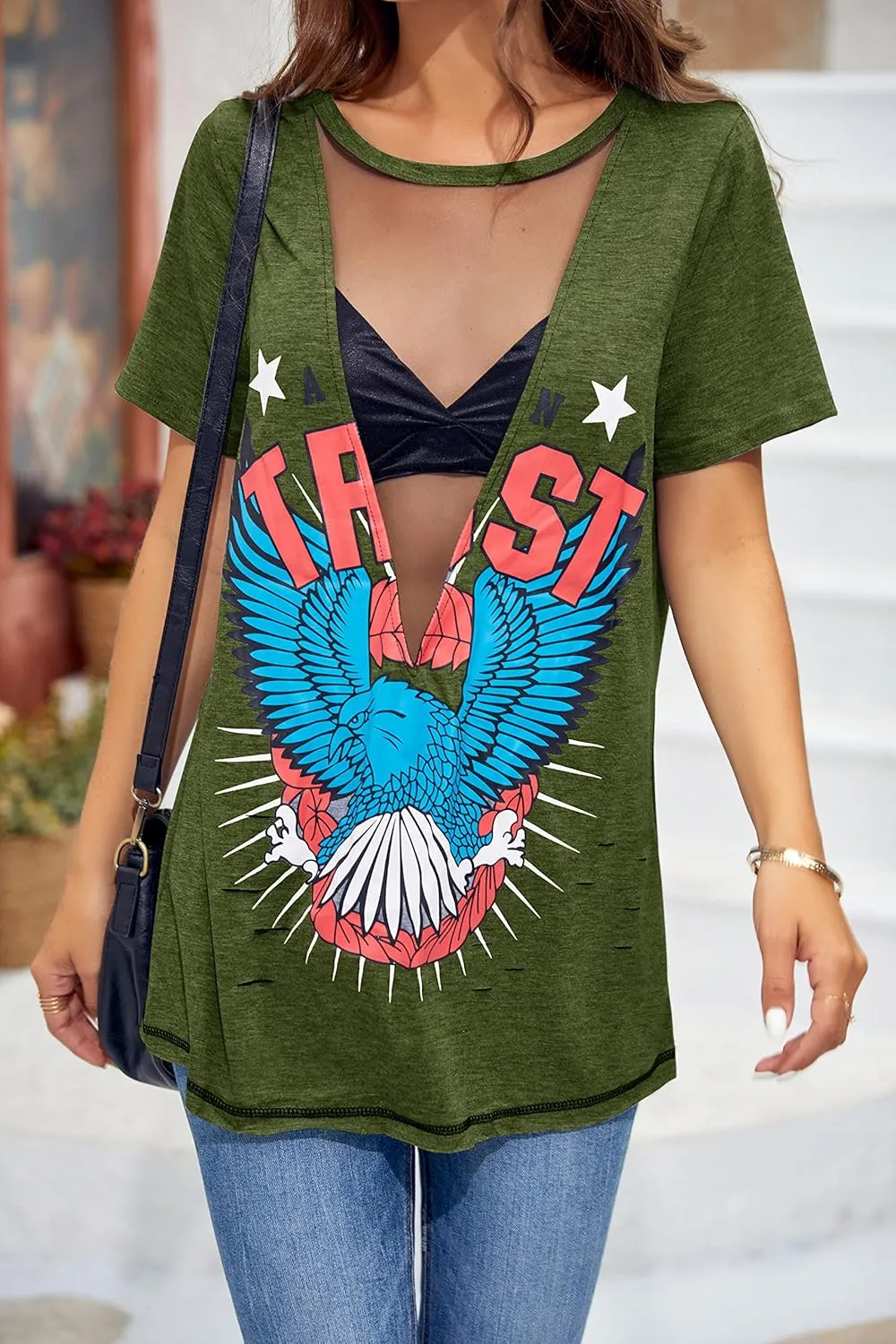 Karlywindow Womens Short Sleeve Graphic Tees Distressed Hawk Print Mesh V Neck Loose Sexy T-Shirt Tops