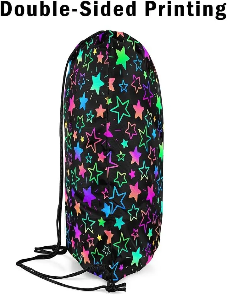 Kawaii Glitter Stars Drawstring Backpack,Ainbow Glowing Star Drawstring Bags,Psychedelic Space Cosmos Colorful Neon Light Draw String Back Bag 13X15.7 for Sport Camping Swim Traveling Yoga