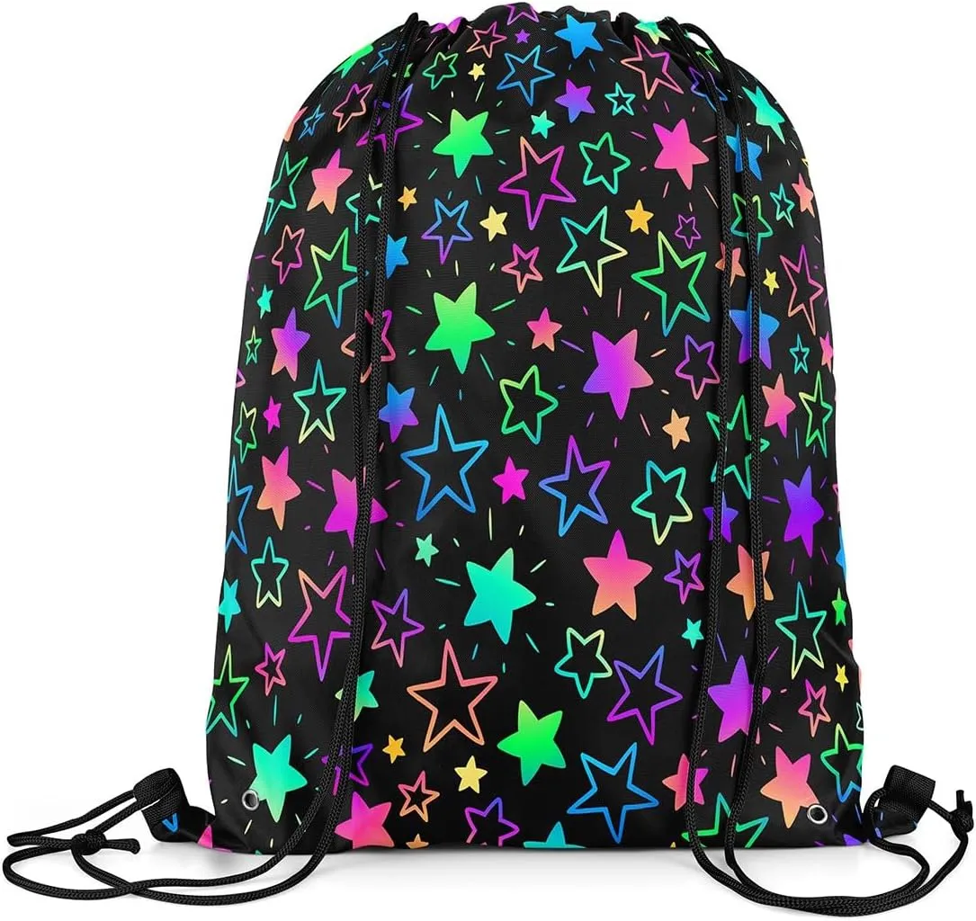 Kawaii Glitter Stars Drawstring Backpack,Ainbow Glowing Star Drawstring Bags,Psychedelic Space Cosmos Colorful Neon Light Draw String Back Bag 13X15.7 for Sport Camping Swim Traveling Yoga