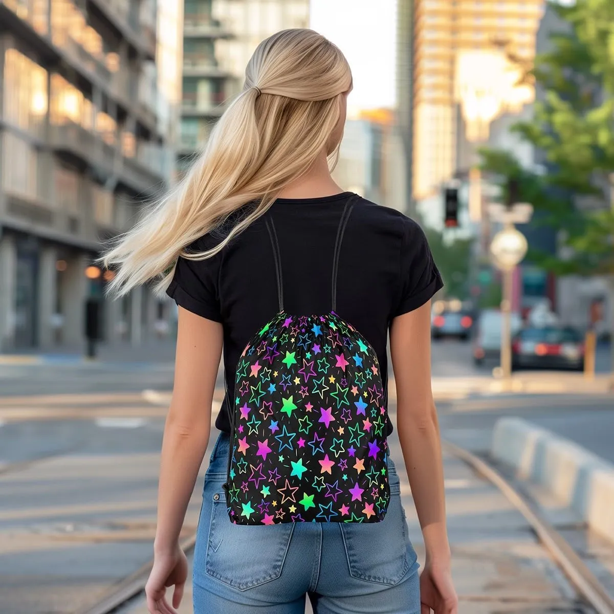 Kawaii Glitter Stars Drawstring Backpack,Ainbow Glowing Star Drawstring Bags,Psychedelic Space Cosmos Colorful Neon Light Draw String Back Bag 13X15.7 for Sport Camping Swim Traveling Yoga
