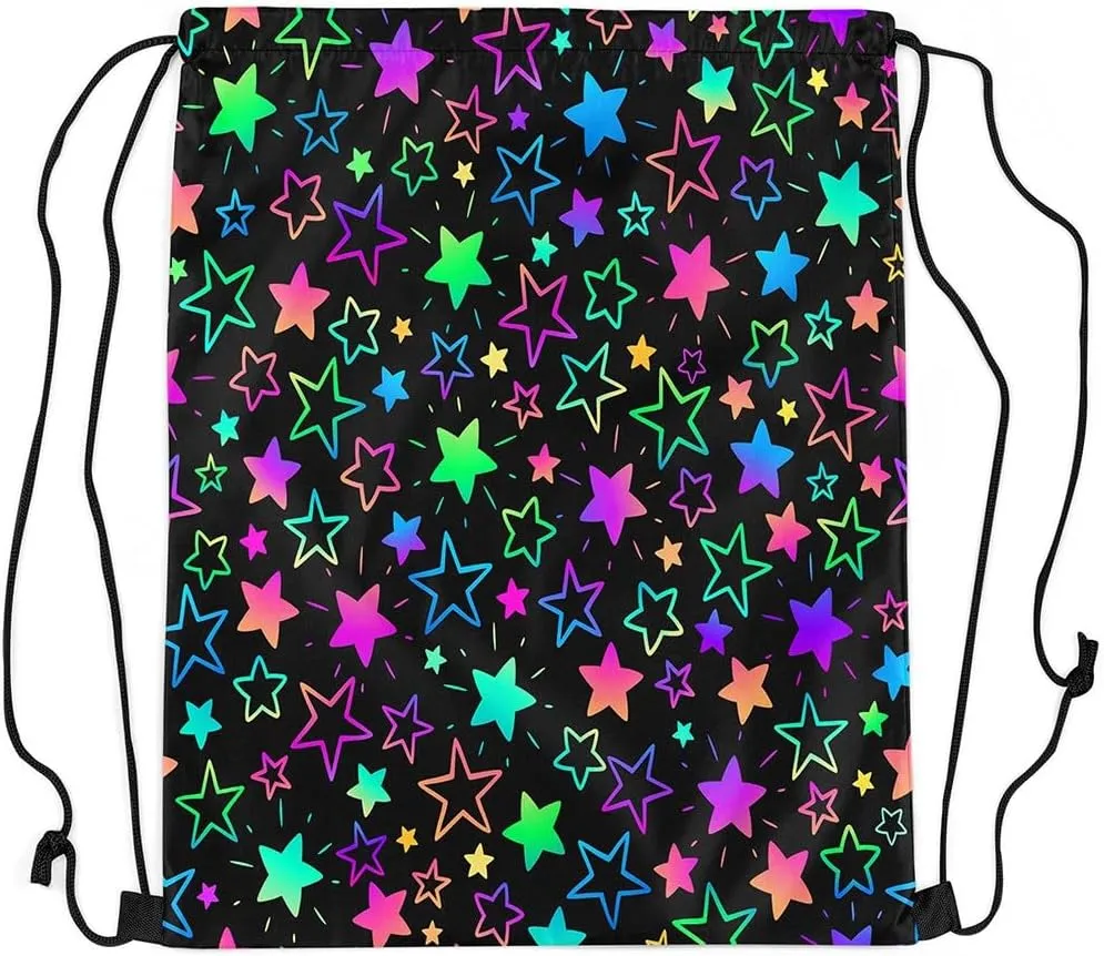 Kawaii Glitter Stars Drawstring Backpack,Ainbow Glowing Star Drawstring Bags,Psychedelic Space Cosmos Colorful Neon Light Draw String Back Bag 13X15.7 for Sport Camping Swim Traveling Yoga