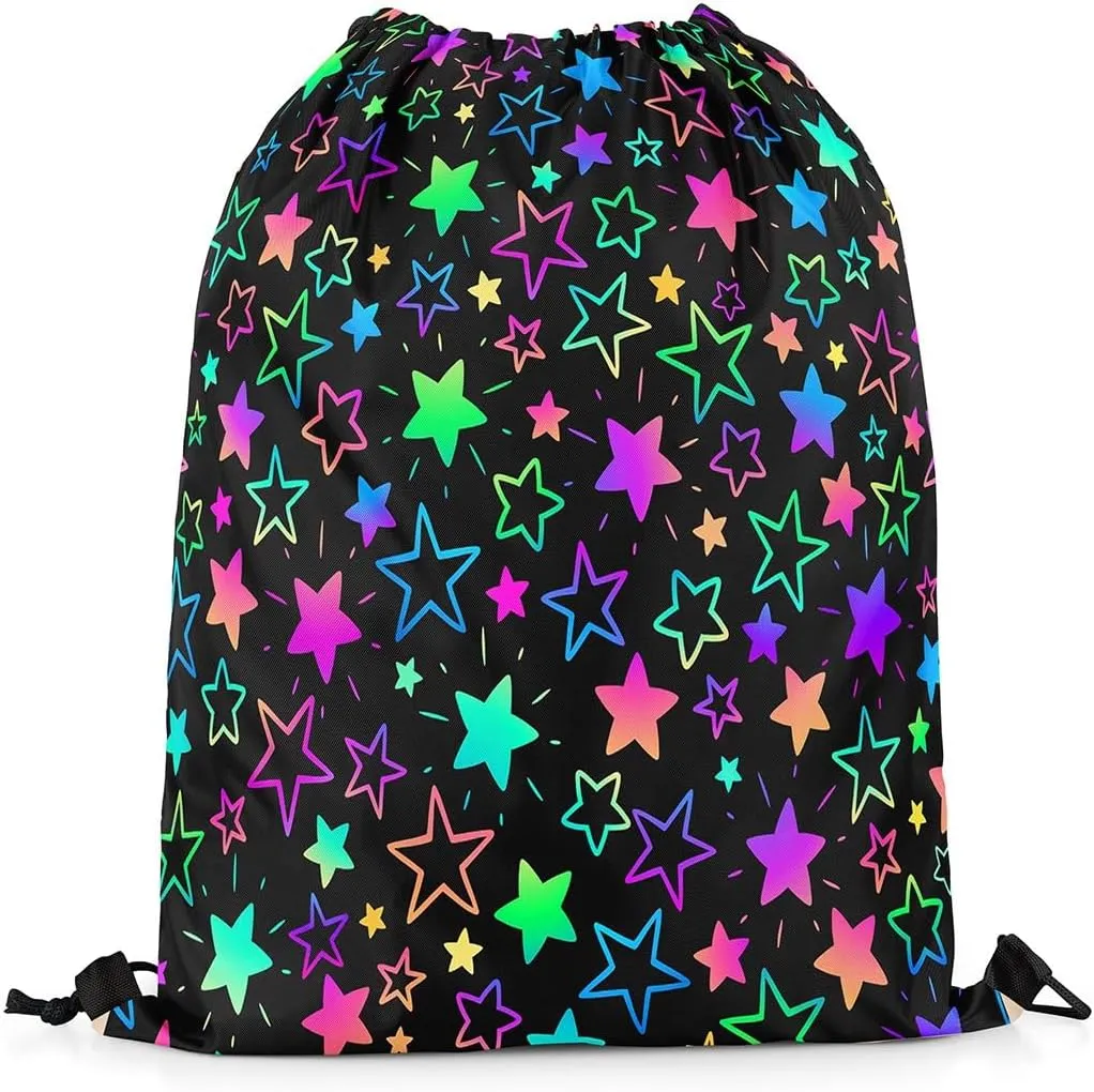 Kawaii Glitter Stars Drawstring Backpack,Ainbow Glowing Star Drawstring Bags,Psychedelic Space Cosmos Colorful Neon Light Draw String Back Bag 13X15.7 for Sport Camping Swim Traveling Yoga
