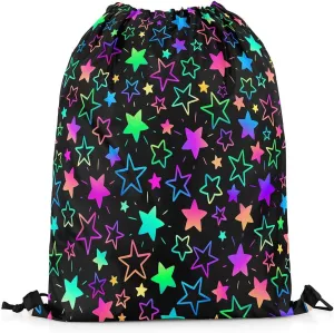 Kawaii Glitter Stars Drawstring Backpack,Ainbow Glowing Star Drawstring Bags,Psychedelic Space Cosmos Colorful Neon Light Draw String Back Bag 13X15.7 for Sport Camping Swim Traveling Yoga