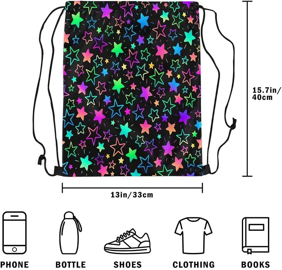 Kawaii Glitter Stars Drawstring Backpack,Ainbow Glowing Star Drawstring Bags,Psychedelic Space Cosmos Colorful Neon Light Draw String Back Bag 13X15.7 for Sport Camping Swim Traveling Yoga