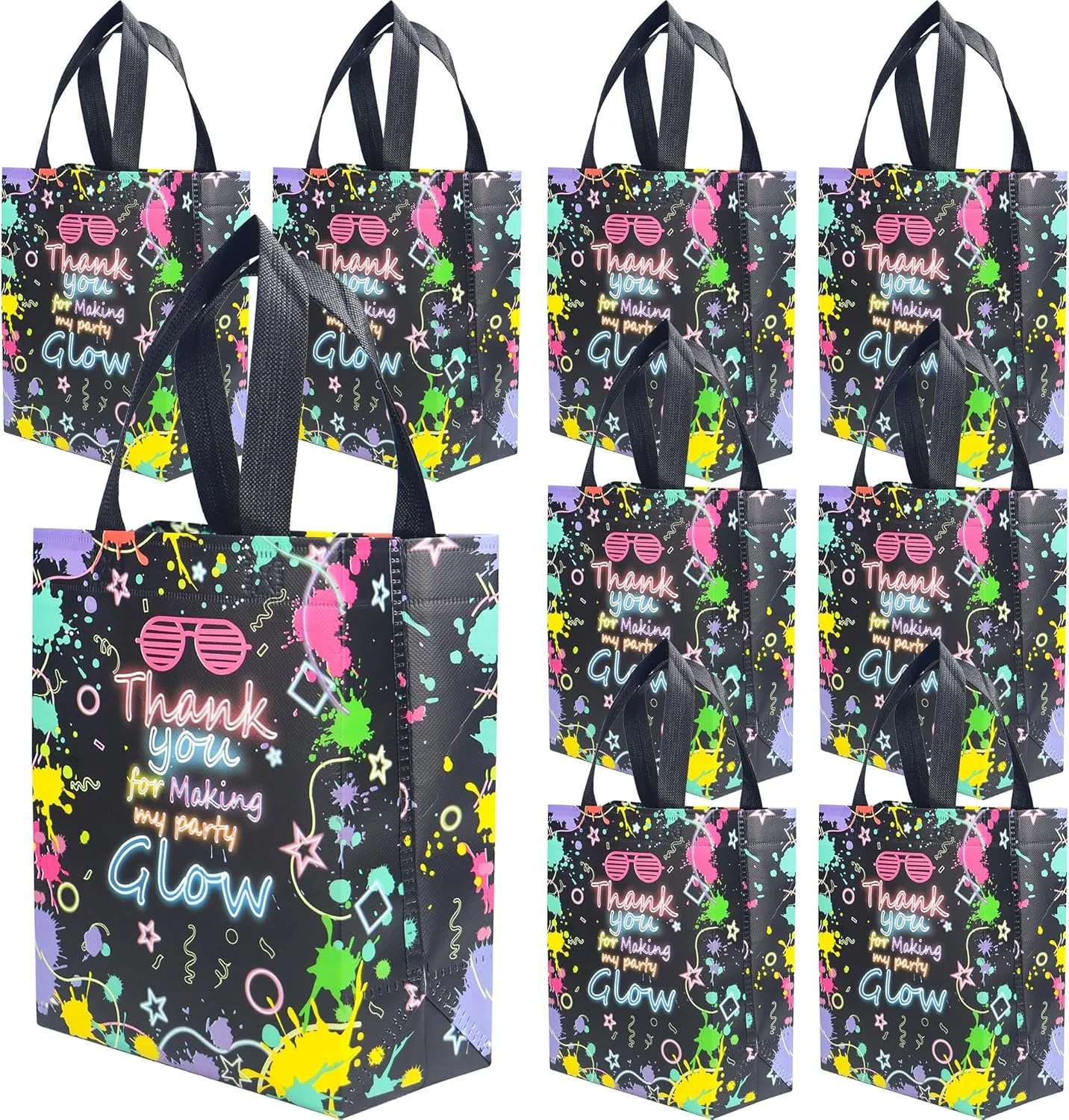 Keioy Glow in The Dark Favors 16 Pack - Neon Nonwoven Gift Bags with Handles for Adults, Glow Supplies & Candy Containers, Theme Accessories