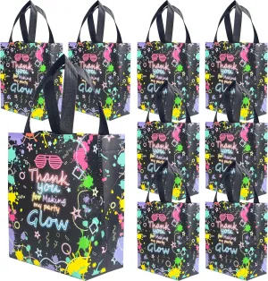 Keioy Glow in The Dark Favors 16 Pack - Neon Nonwoven Gift Bags with Handles for Adults, Glow Supplies & Candy Containers, Theme Accessories