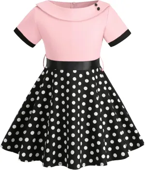 Kids Audrey Vintage 50s Dress for Girls 1950s Polka Dot Dress for Girls Patchwork 50's Style Dresses Short Party Swing Dress
