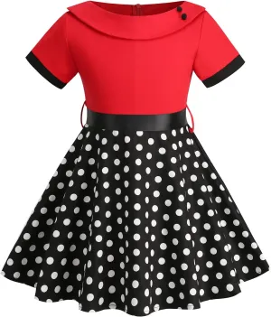 Kids Audrey Vintage 50s Dress for Girls 1950s Polka Dot Dress for Girls Patchwork 50's Style Dresses Short Party Swing Dress