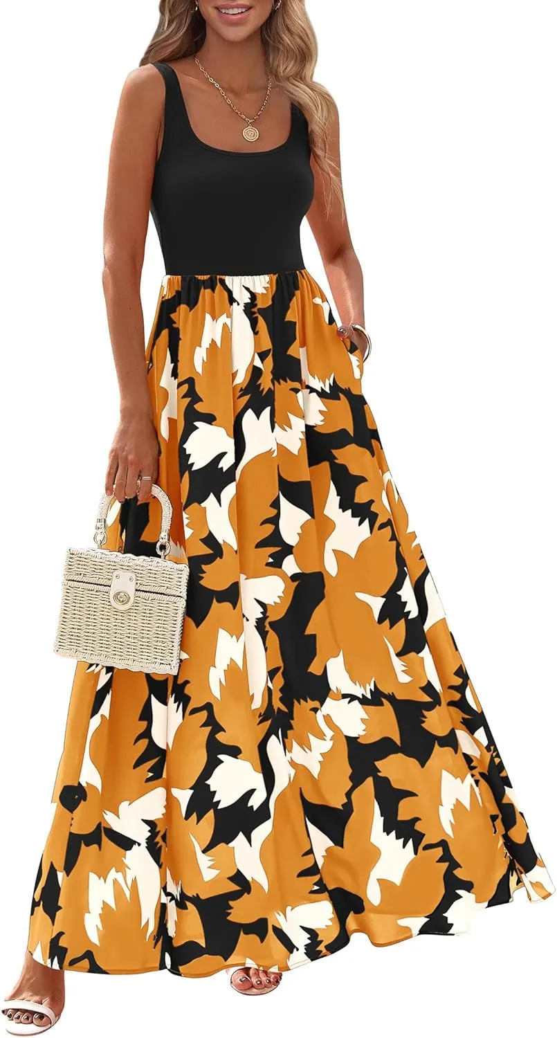 KIRUNDO Women Summer Sleeveless Boho Floral Maxi Dress 2025 Scoop Neck Tank A Line Flowy Beach Vacation Resort Wear Sundress