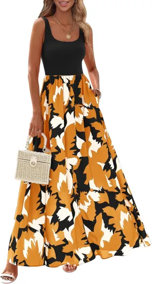 KIRUNDO Women Summer Sleeveless Boho Floral Maxi Dress 2025 Scoop Neck Tank A Line Flowy Beach Vacation Resort Wear Sundress