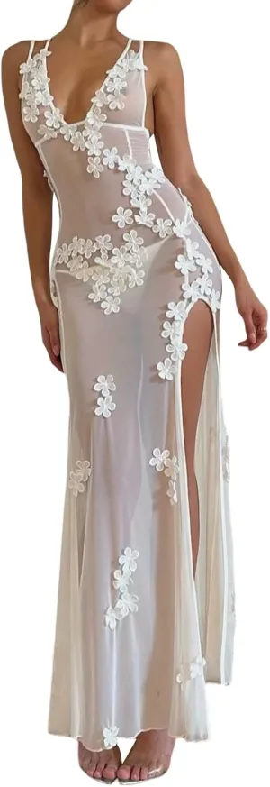 KMBANGI Women Lace Dress Sexy See Through Sheer Mesh Floral Patchwork Long Dress Split Sleeveless Cover Up Maxi Dresses