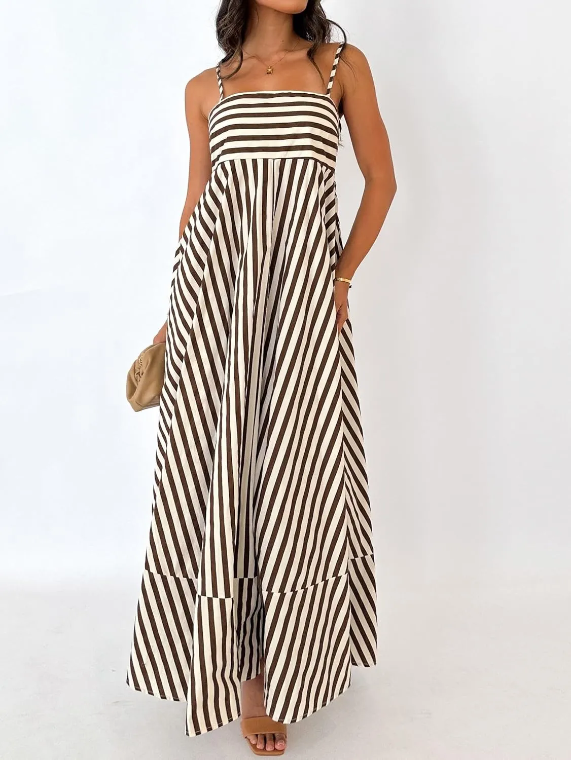 KMBANGI Women Striped Sleeveless Maxi Dress Swing Aline Midi Dress Backless Smocked Spaghetti Strap Boho Flowy Sundress