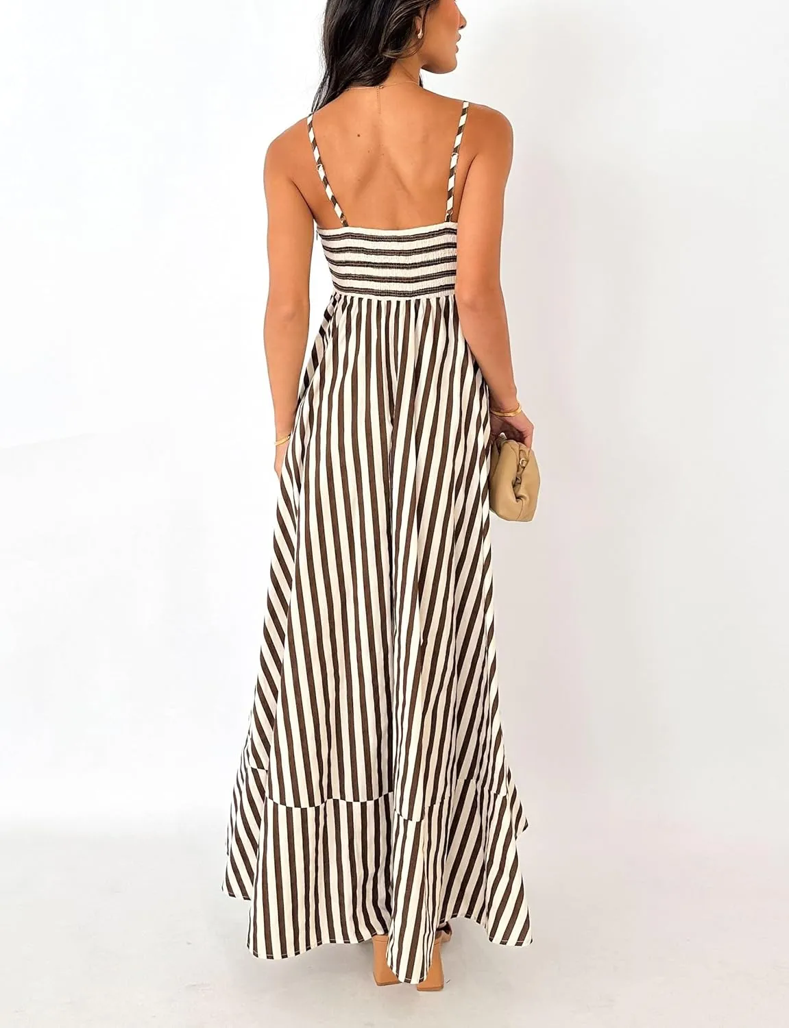 KMBANGI Women Striped Sleeveless Maxi Dress Swing Aline Midi Dress Backless Smocked Spaghetti Strap Boho Flowy Sundress