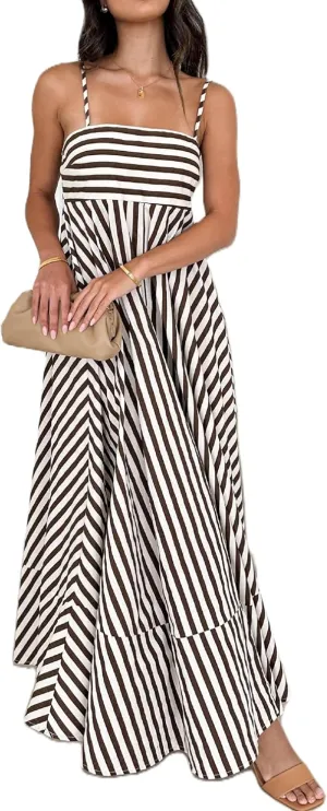 KMBANGI Women Striped Sleeveless Maxi Dress Swing Aline Midi Dress Backless Smocked Spaghetti Strap Boho Flowy Sundress