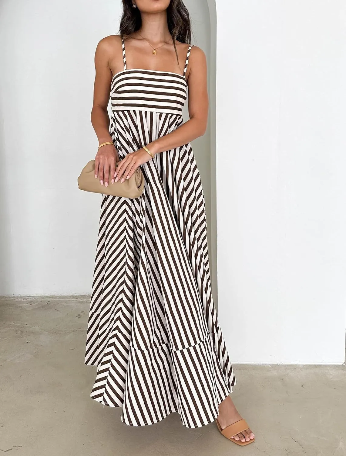 KMBANGI Women Striped Sleeveless Maxi Dress Swing Aline Midi Dress Backless Smocked Spaghetti Strap Boho Flowy Sundress