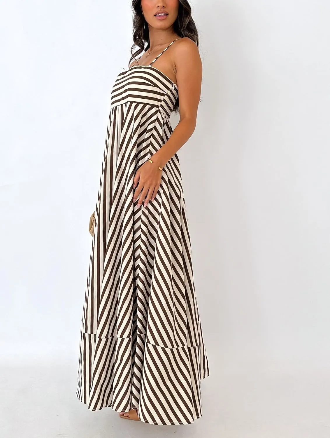KMBANGI Women Striped Sleeveless Maxi Dress Swing Aline Midi Dress Backless Smocked Spaghetti Strap Boho Flowy Sundress