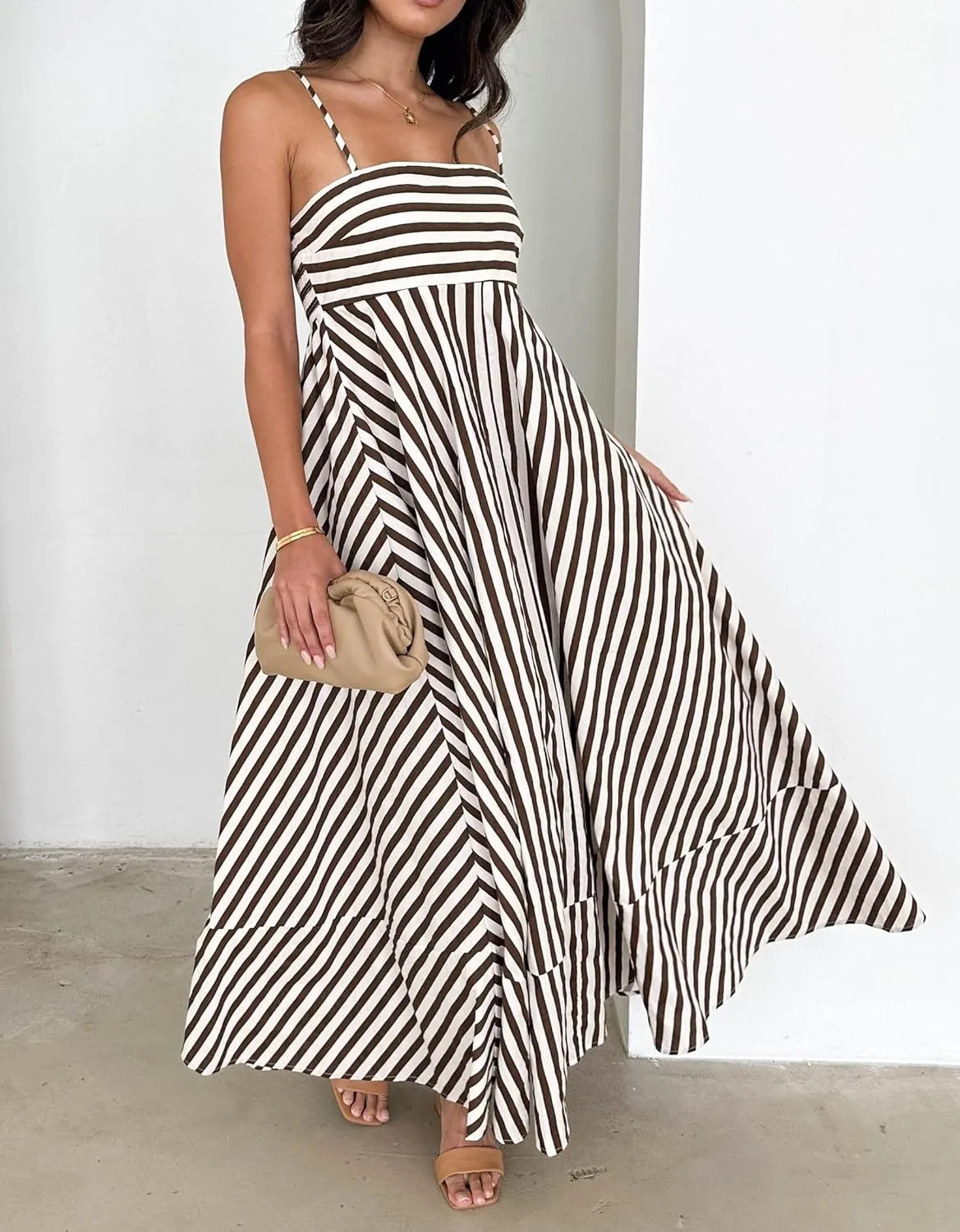 KMBANGI Women Striped Sleeveless Maxi Dress Swing Aline Midi Dress Backless Smocked Spaghetti Strap Boho Flowy Sundress