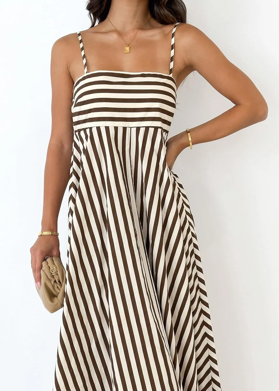 KMBANGI Women Striped Sleeveless Maxi Dress Swing Aline Midi Dress Backless Smocked Spaghetti Strap Boho Flowy Sundress