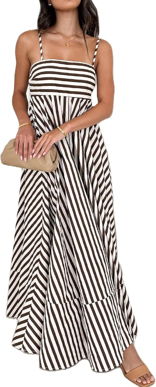 KMBANGI Women Striped Sleeveless Maxi Dress Swing Aline Midi Dress Backless Smocked Spaghetti Strap Boho Flowy Sundress