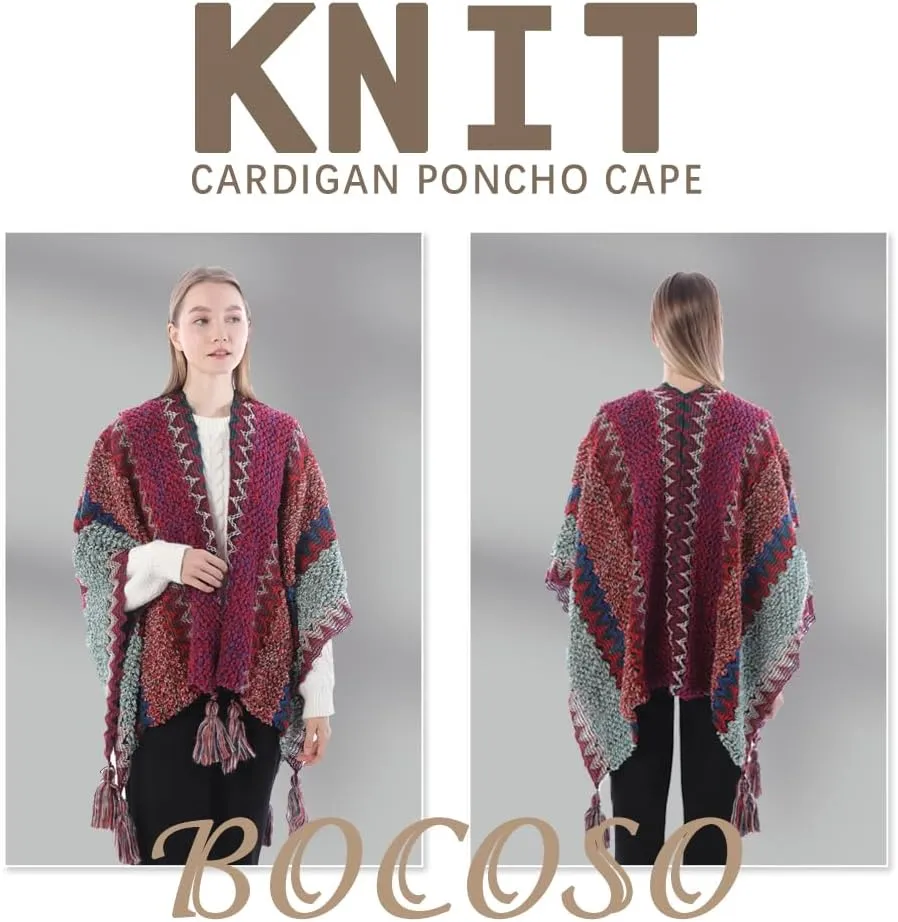 Knit Shawl Wrap Poncho Cape for Women, Ladies Knitted Cardigan Kimono with Fringe for Fall Winter