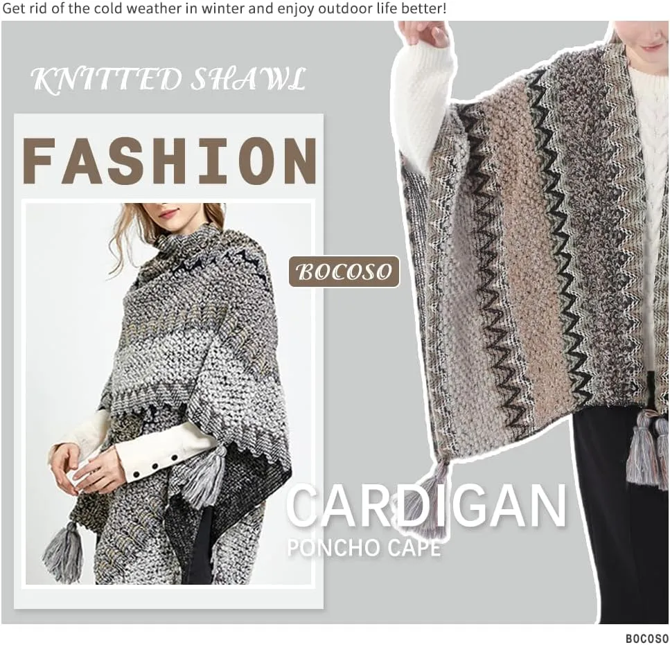 Knit Shawl Wrap Poncho Cape for Women, Ladies Knitted Cardigan Kimono with Fringe for Fall Winter