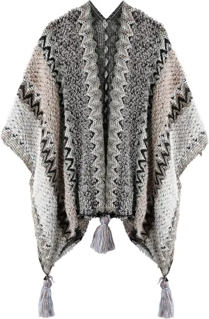 Knit Shawl Wrap Poncho Cape for Women, Ladies Knitted Cardigan Kimono with Fringe for Fall Winter