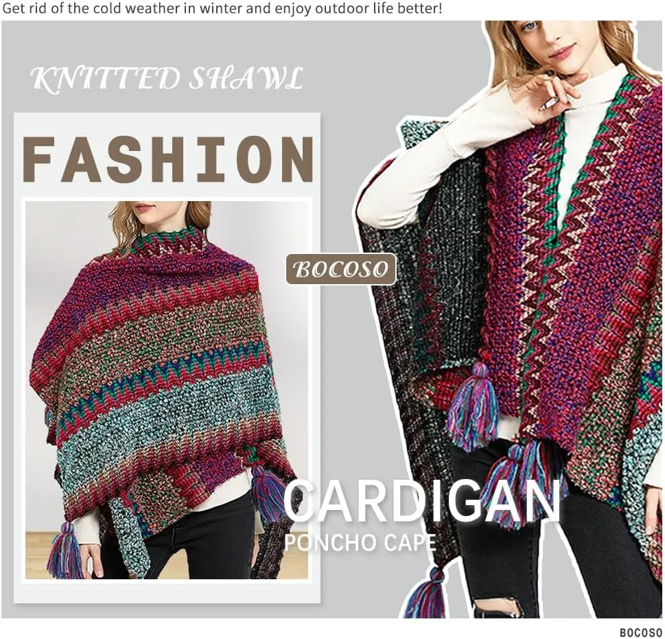Knit Shawl Wrap Poncho Cape for Women, Ladies Knitted Cardigan Kimono with Fringe for Fall Winter