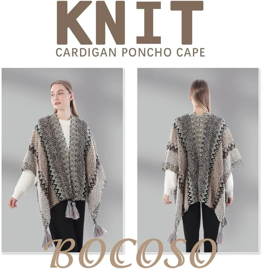 Knit Shawl Wrap Poncho Cape for Women, Ladies Knitted Cardigan Kimono with Fringe for Fall Winter