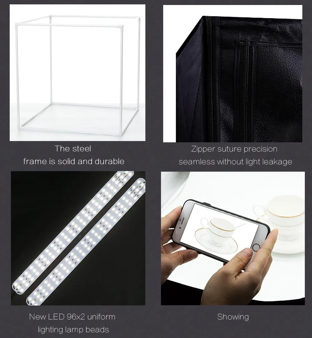 Konseen Photo Studio Light Box Photographic Lighting Tents 24x24x24inch Professional Dimmable Shooting Tents 192pcs LED Lights 5500K Lightbox Kit for White Box Photography Lighting with PVC Backdrops