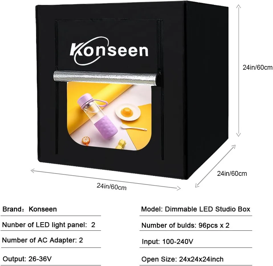 Konseen Photo Studio Light Box Photographic Lighting Tents 24x24x24inch Professional Dimmable Shooting Tents 192pcs LED Lights 5500K Lightbox Kit for White Box Photography Lighting with PVC Backdrops