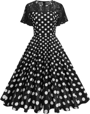 Lace Patchwork Retro Dress for Women Polka Dot 1950s Vintage Cocktail Party Prom Dresses Short Sleeve Swing Dresses