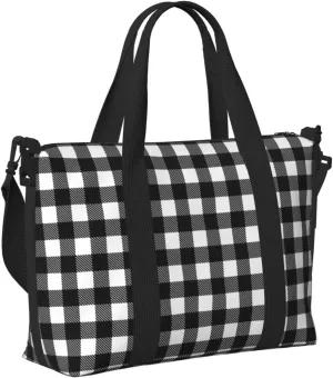 Laptop Tote Bag for Women Work - Black White Twill Stripe Plaid Gym Bag for Women Men, Personal Item Crossbody Travel Bags Carry On, Overnight Weekender Bags for Women Travel