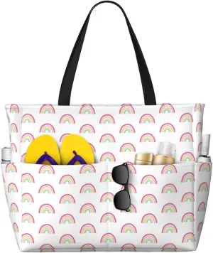 Large Beach Bags Water-resistant Sandproof - Rainbow print Cute Beach Tote Bags for Women with Zipper
