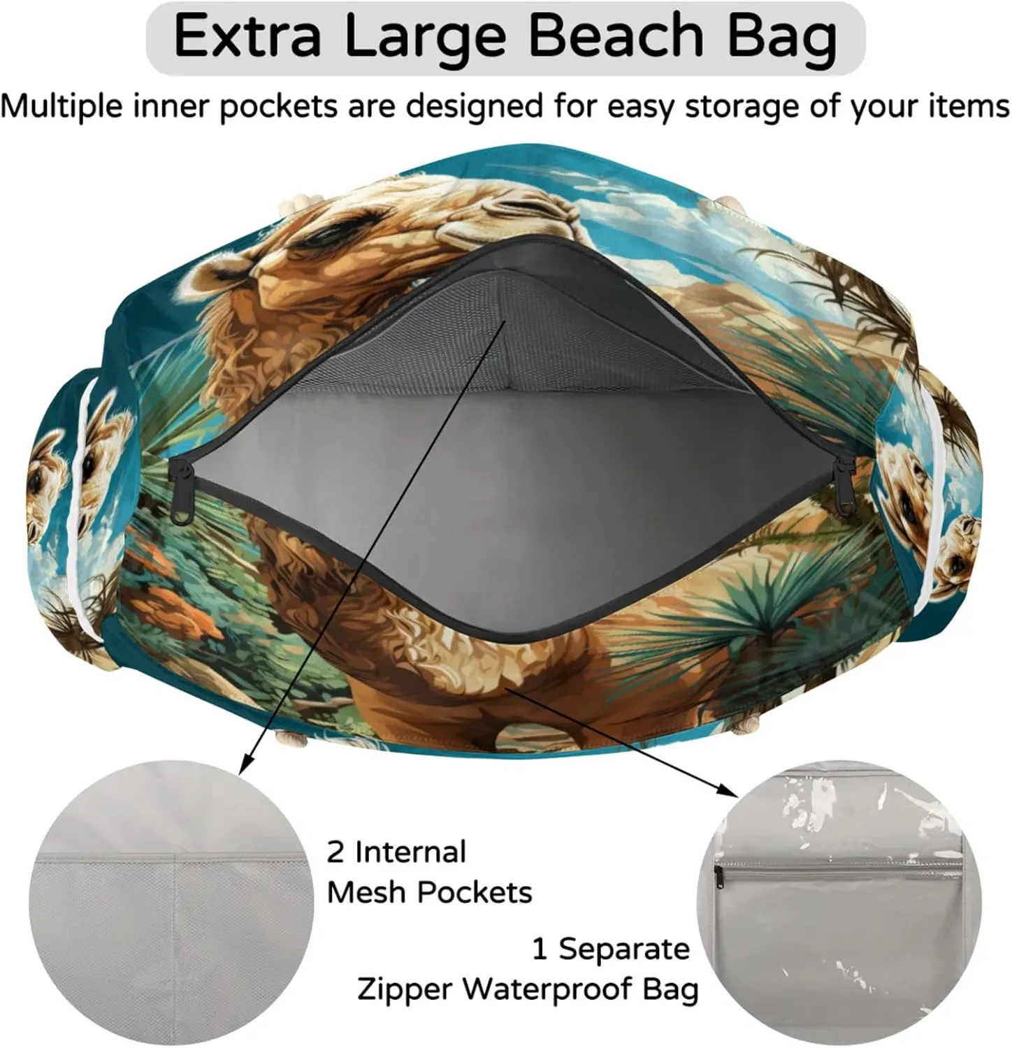Large Beach Tote Bags for Women, Waterproof Beach Bag with Zipper, Swim Pool Tote Bags