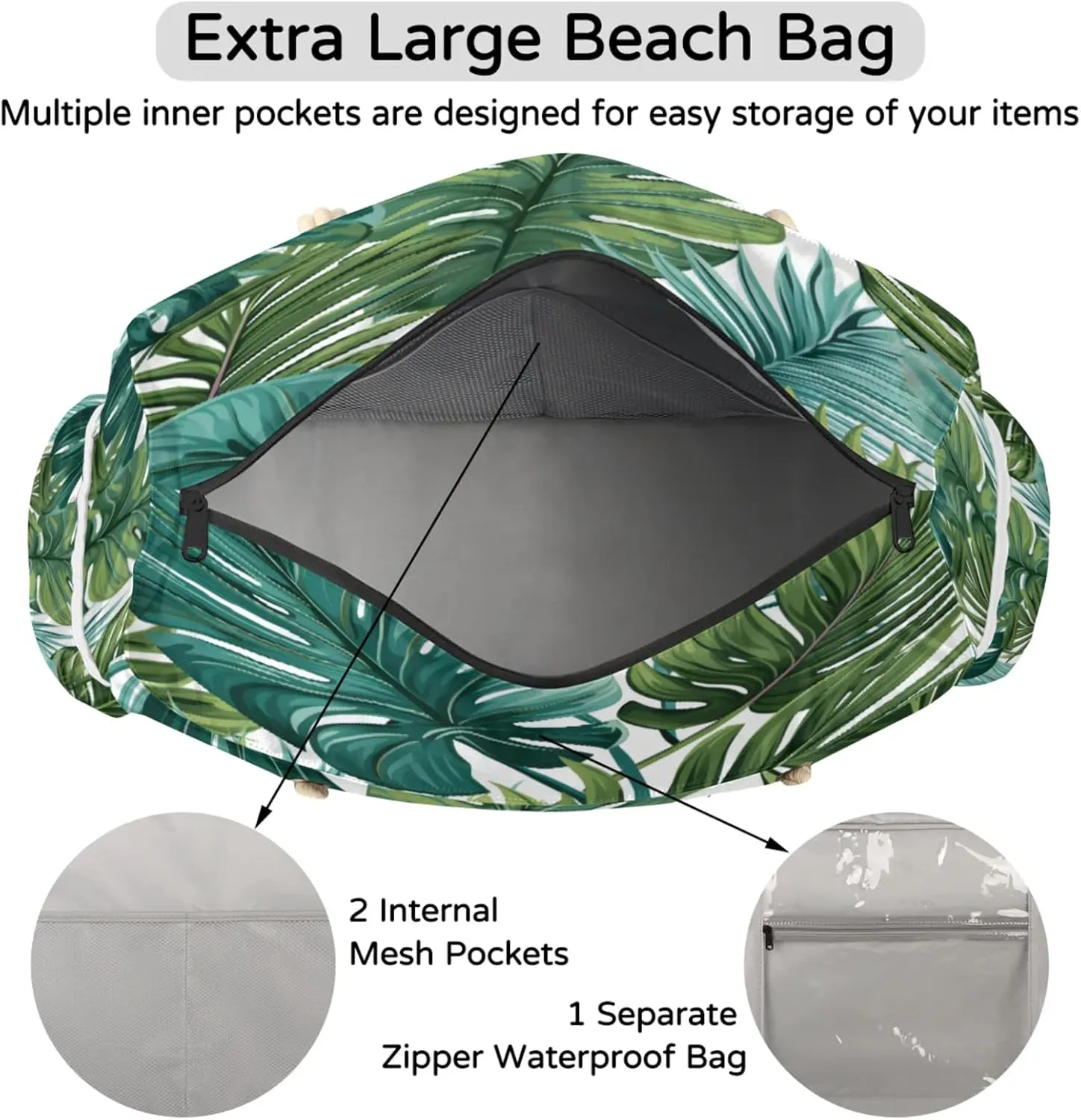 Large Beach Tote Bags for Women, Waterproof Beach Bag with Zipper, Swim Pool Tote Bags