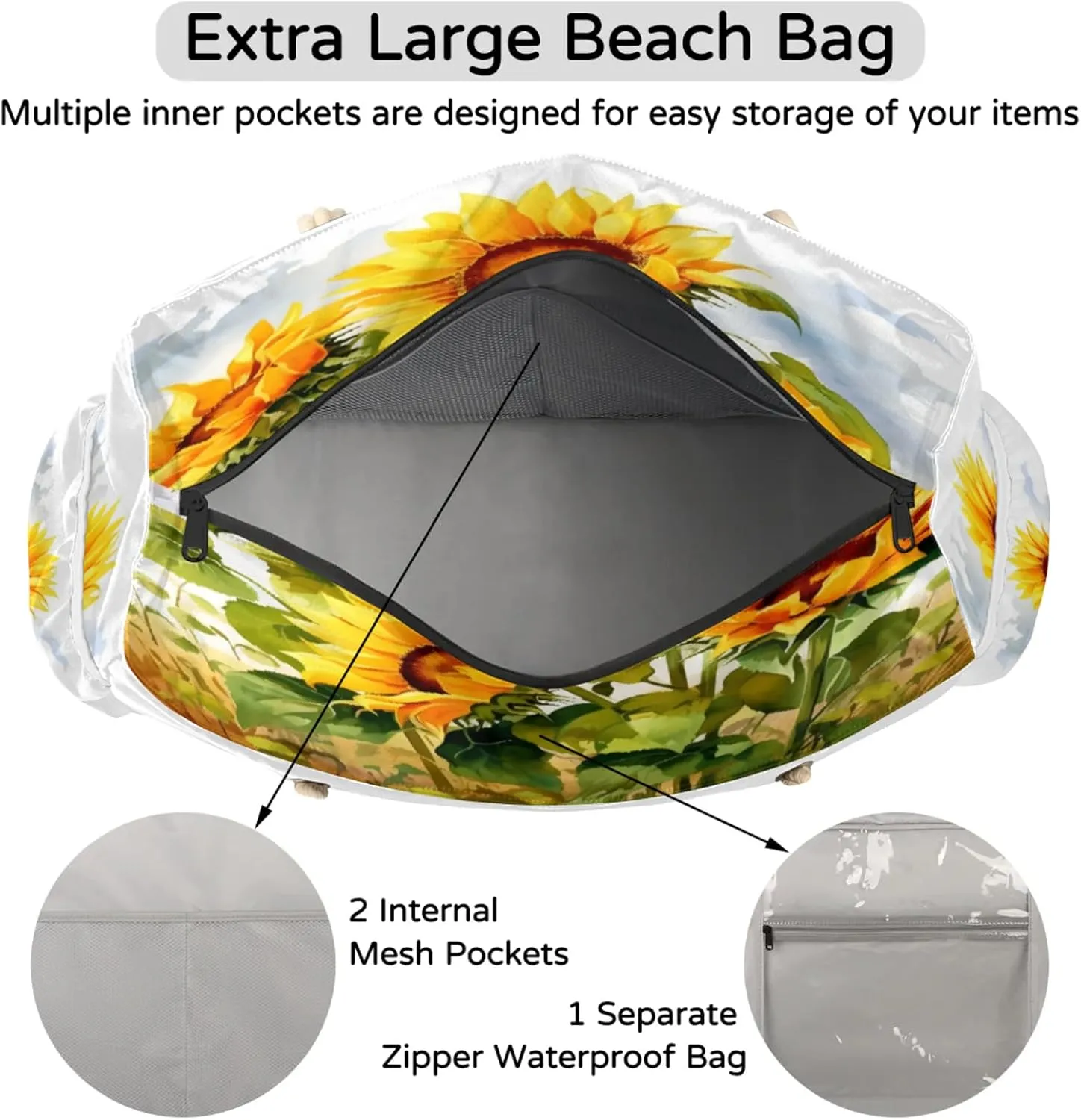 Large Beach Tote Bags for Women, Waterproof Beach Bag with Zipper, Swim Pool Tote Bags