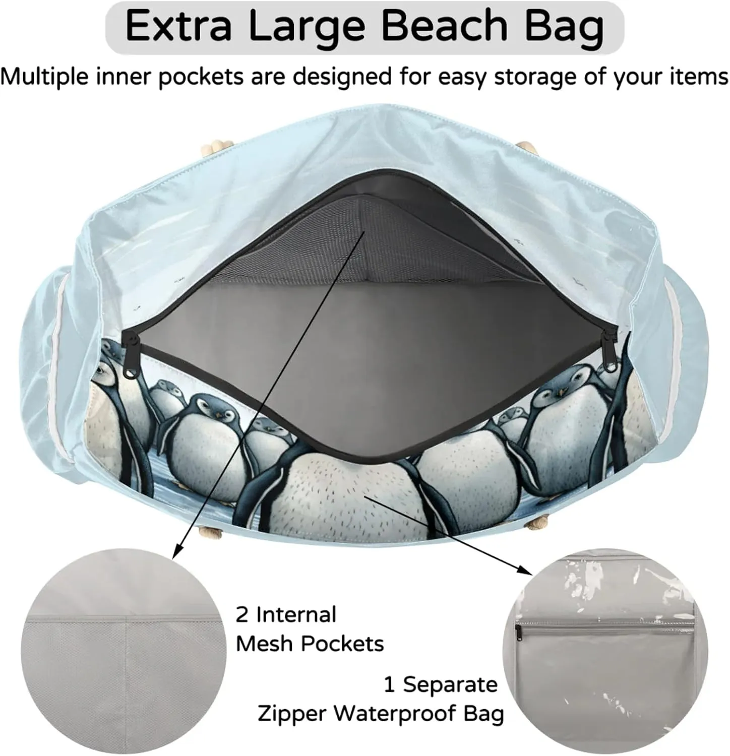 Large Beach Tote Bags for Women, Waterproof Beach Bag with Zipper, Swim Pool Tote Bags