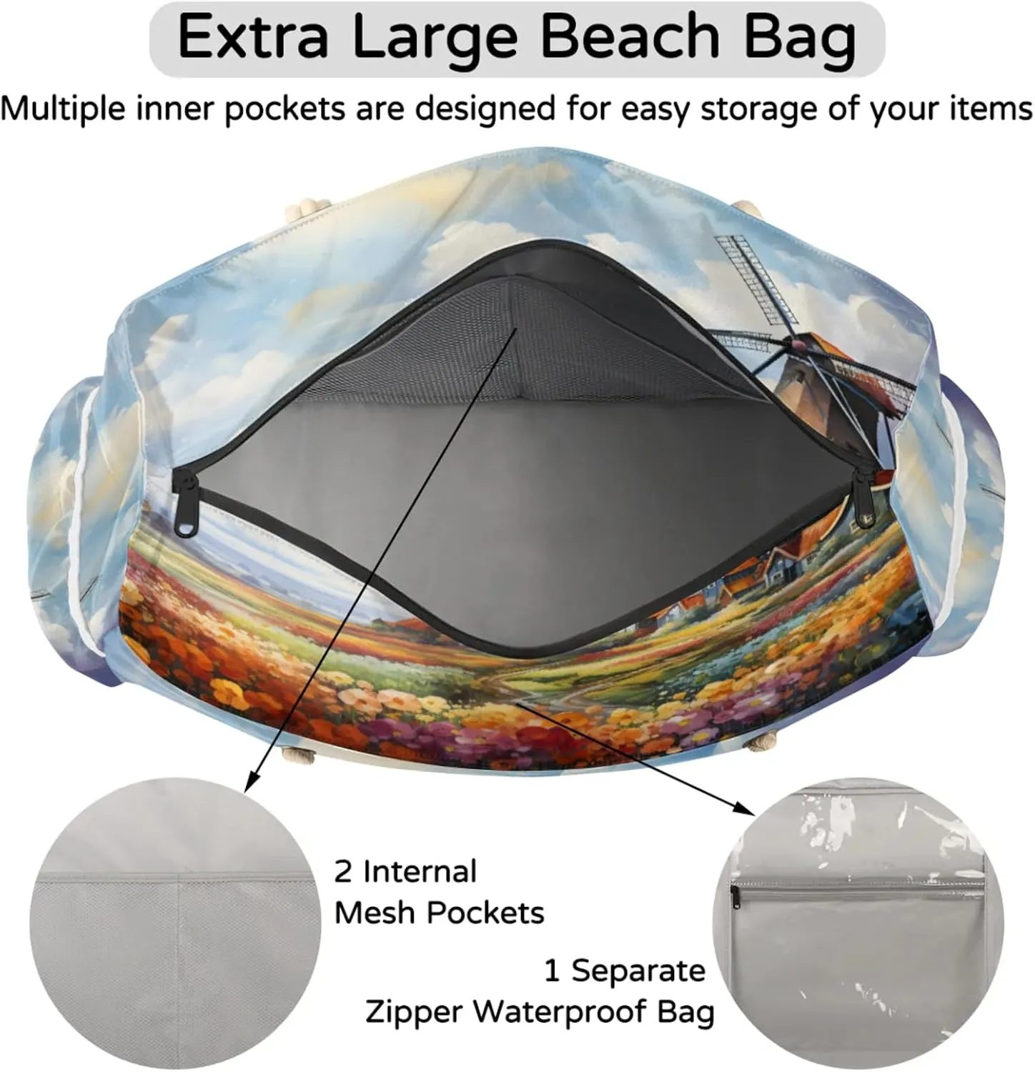 Large Beach Tote Bags for Women, Waterproof Beach Bag with Zipper, Swim Pool Tote Bags