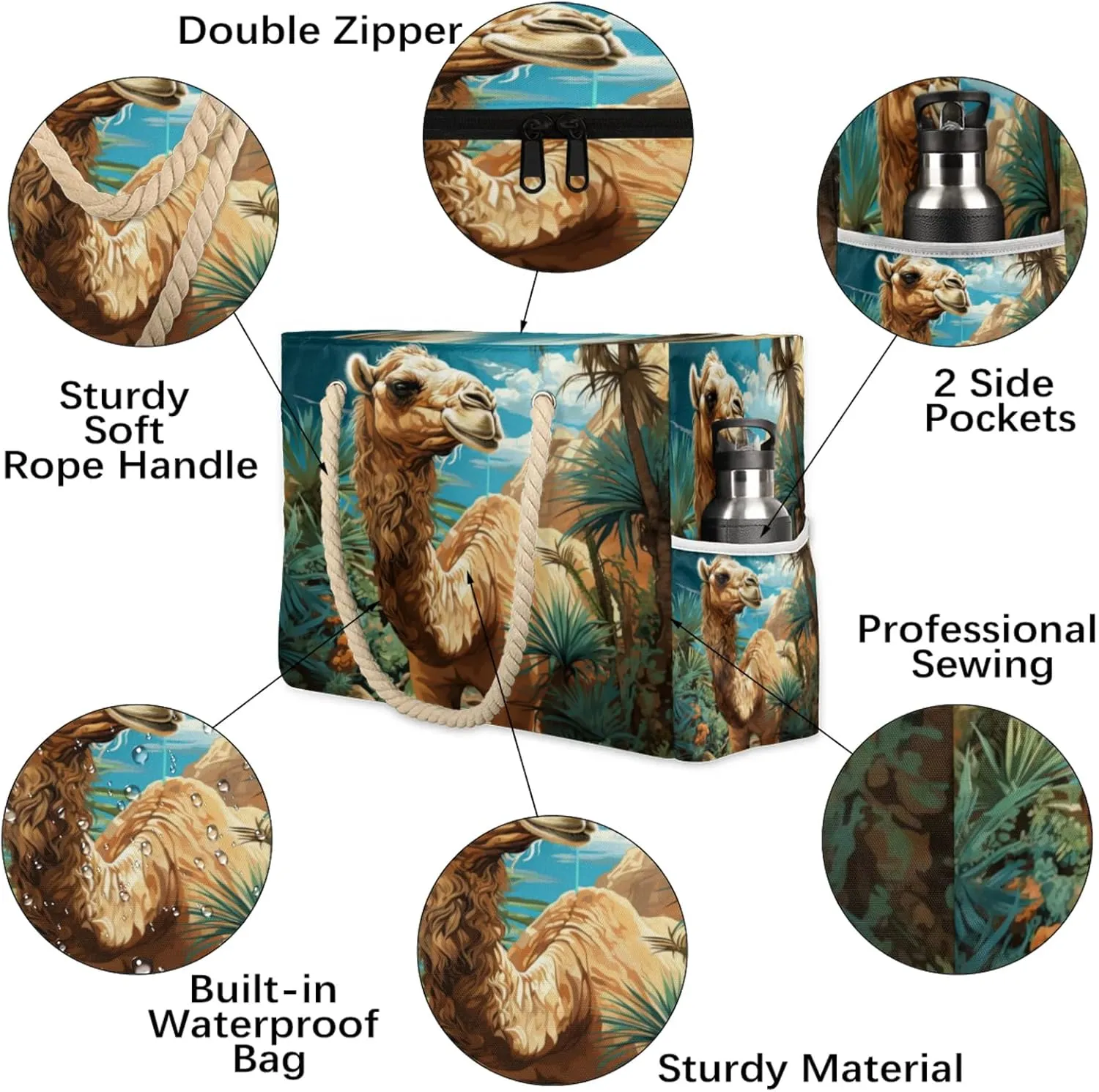 Large Beach Tote Bags for Women, Waterproof Beach Bag with Zipper, Swim Pool Tote Bags