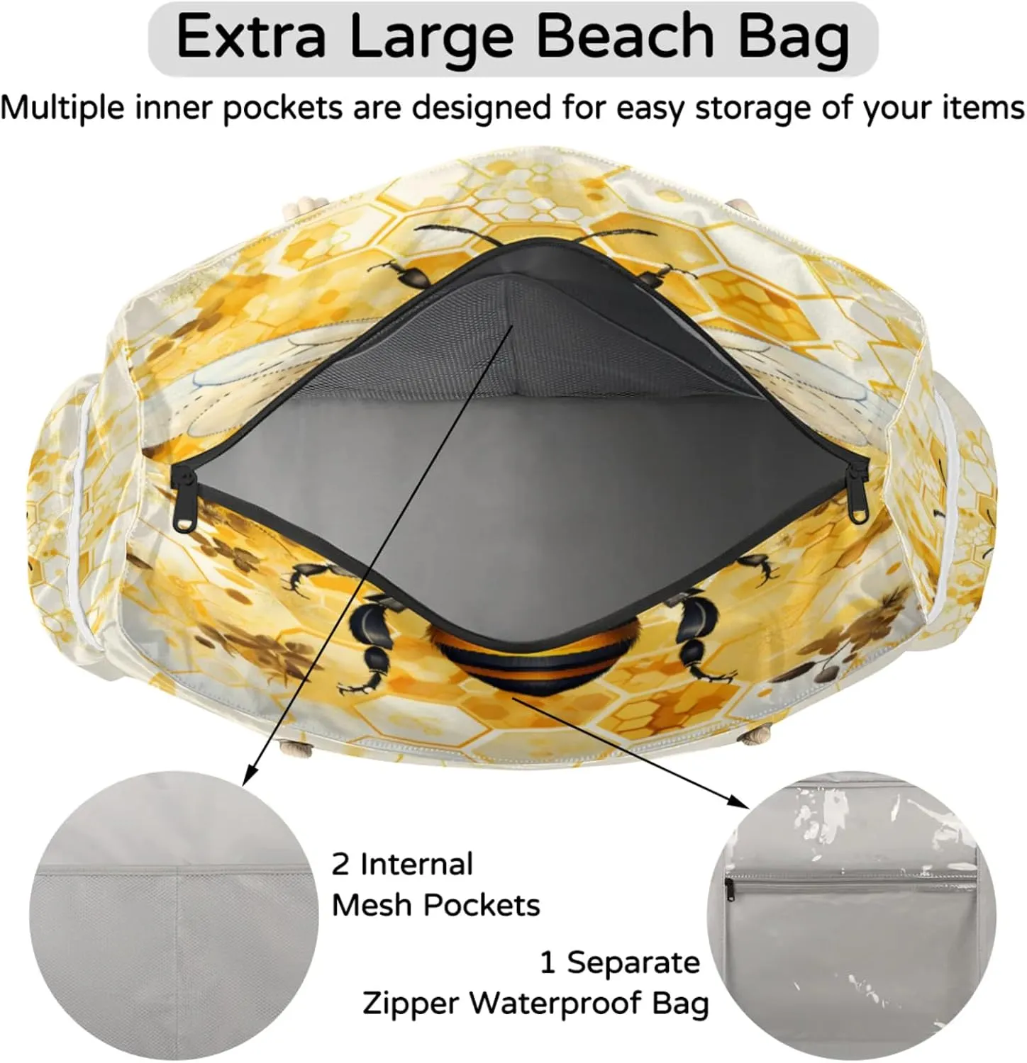 Large Beach Tote Bags for Women, Waterproof Beach Bag with Zipper, Swim Pool Tote Bags