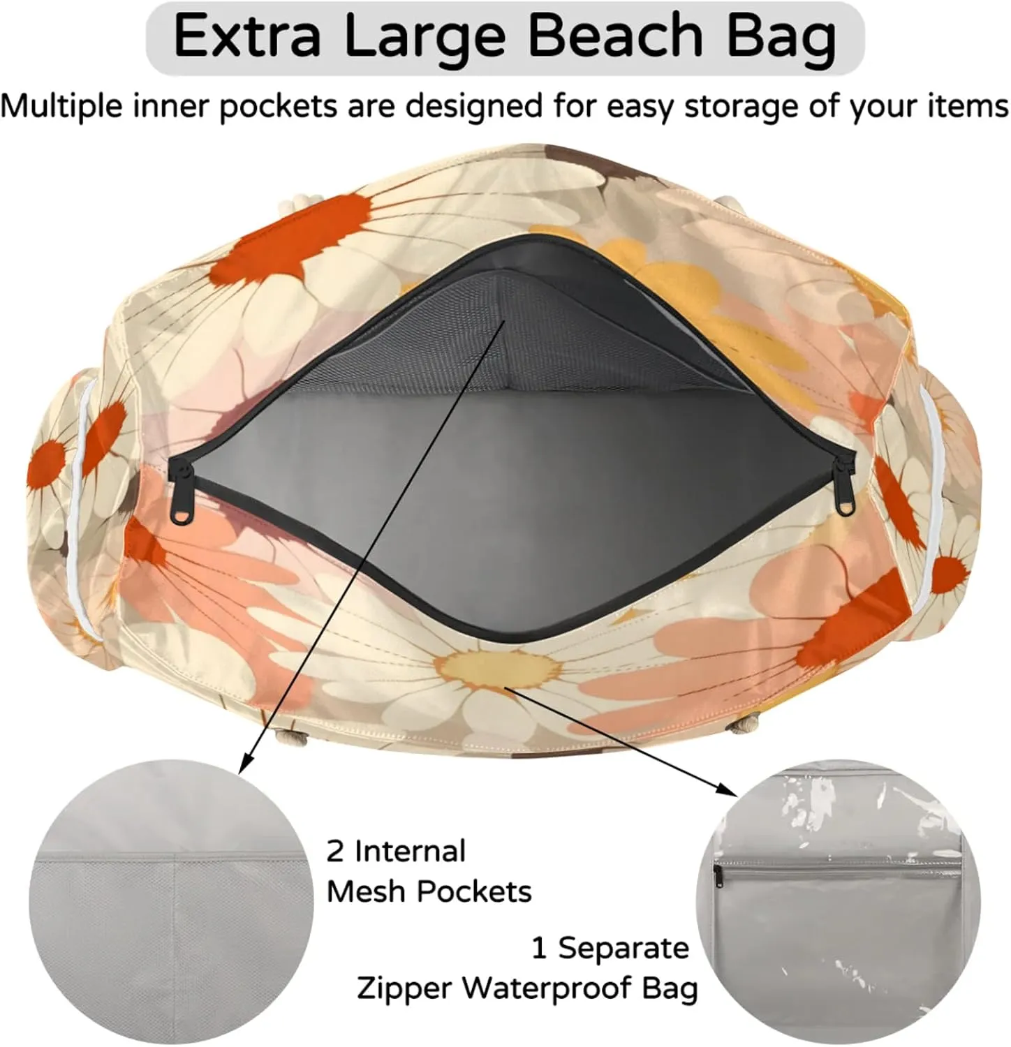 Large Beach Tote Bags for Women, Waterproof Beach Bag with Zipper, Swim Pool Tote Bags