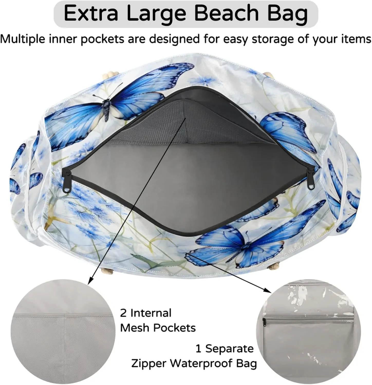 Large Beach Tote Bags for Women, Waterproof Beach Bag with Zipper, Swim Pool Tote Bags