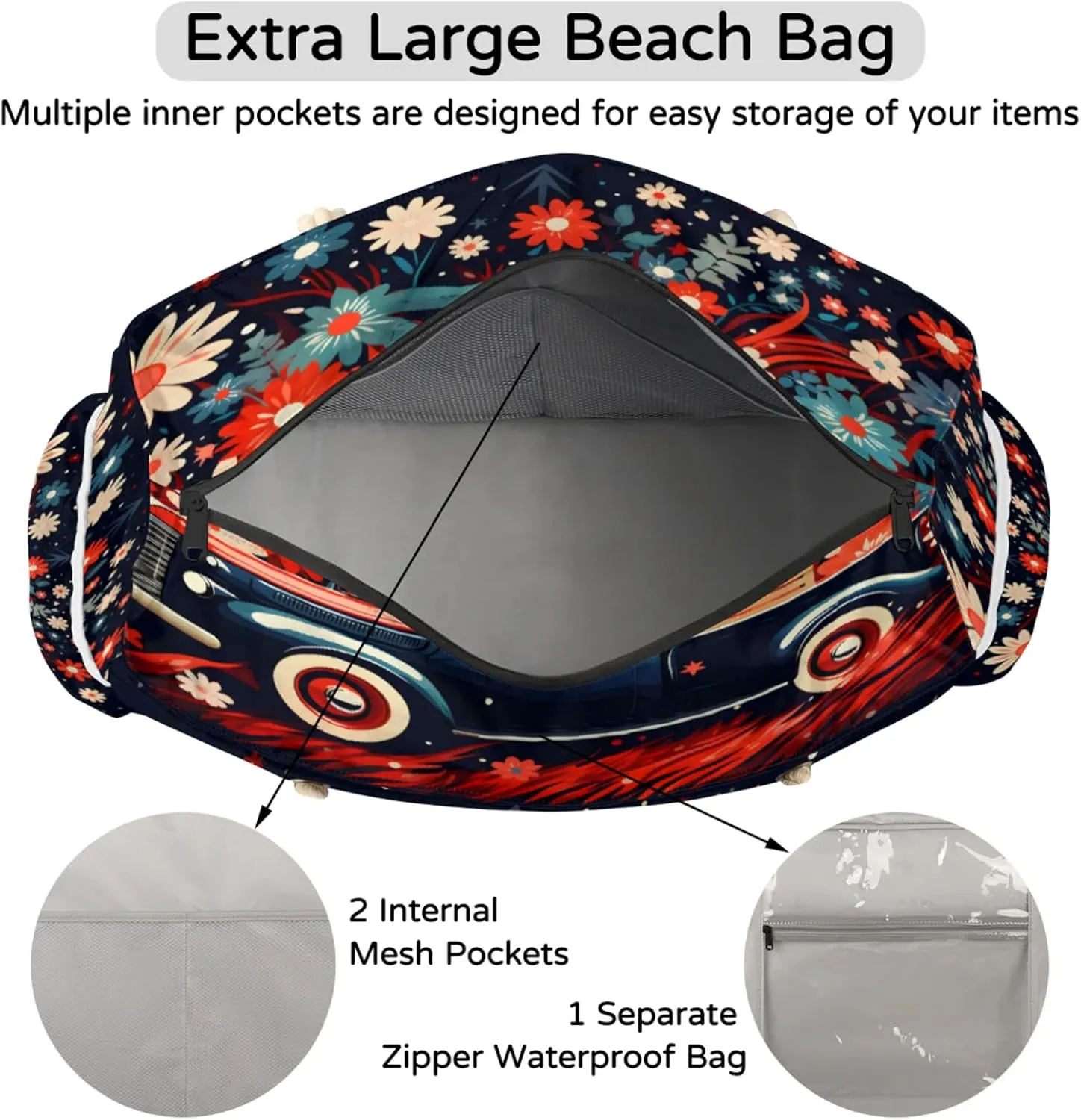 Large Beach Tote Bags with Zipper, Beach Bag for Women, Waterproof Sandproof Pool Swim Bags, Travel Tote Bag